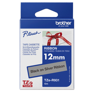 Brother · TZe-R931 · 12mm x 4m · Svart á Silvur · Satinband